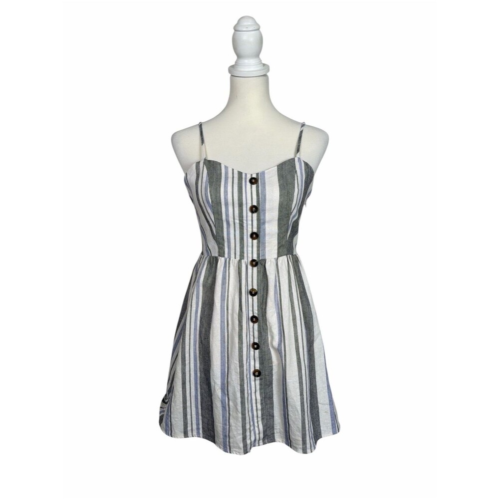 Guess Los Angeles Striped Linen Button Front Sundress Mini Dress Blue White